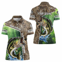 Personalized Bass Fishing Design Women Polo Shirt Leaping Fish Graphic and Camouflage Green Water Splash Print - Wonder Print Shop