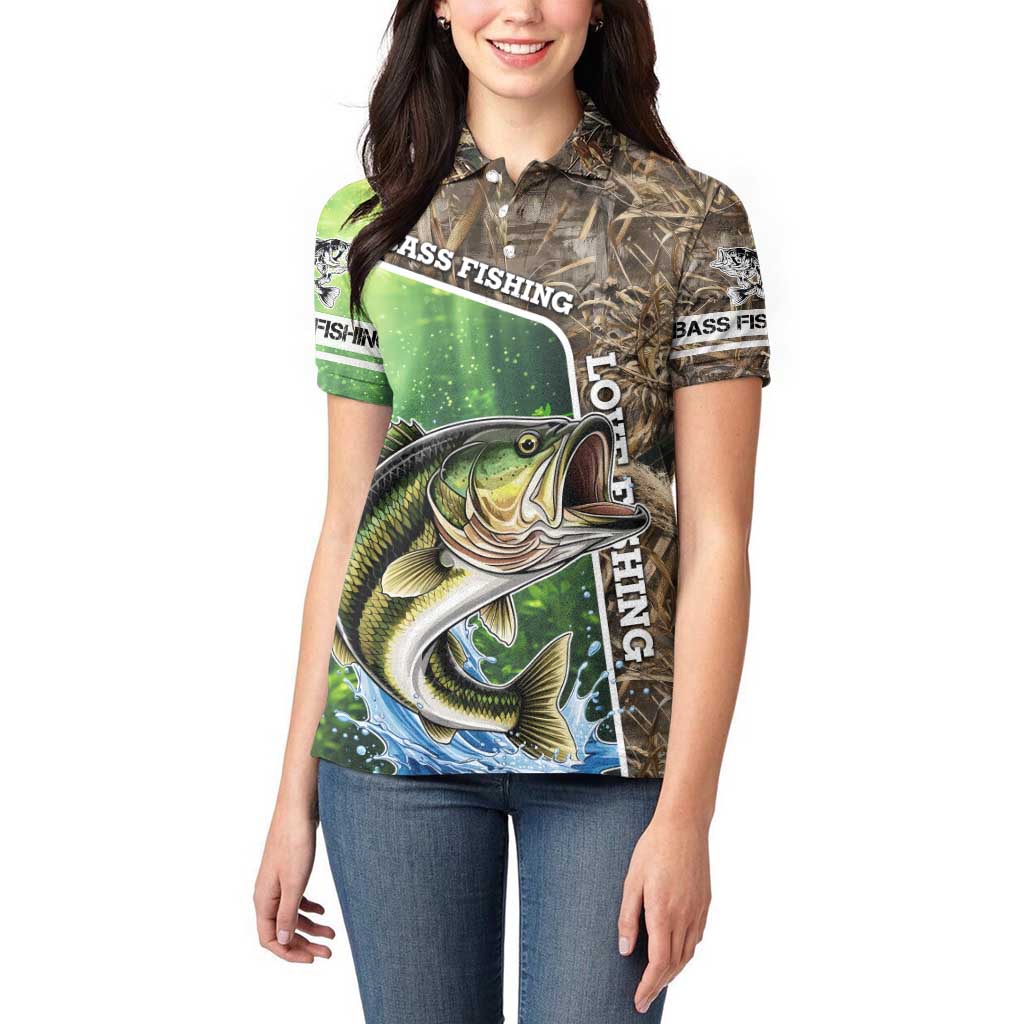 Personalized Bass Fishing Design Women Polo Shirt Leaping Fish Graphic and Camouflage Green Water Splash Print - Wonder Print Shop