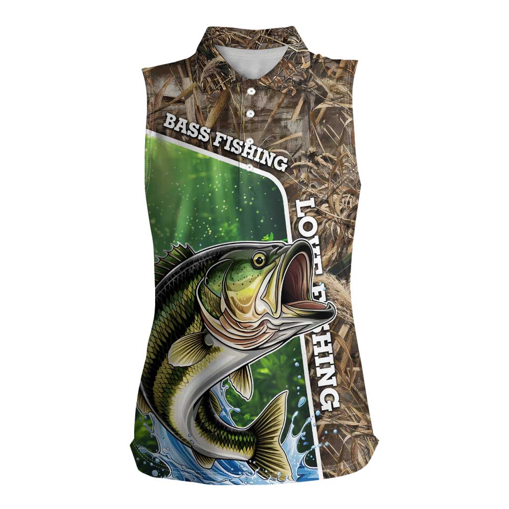 Personalized Bass Fishing Design Women Sleeveless Polo Shirt Leaping Fish Graphic and Camouflage Green Water Splash Print - Wonder Print Shop
