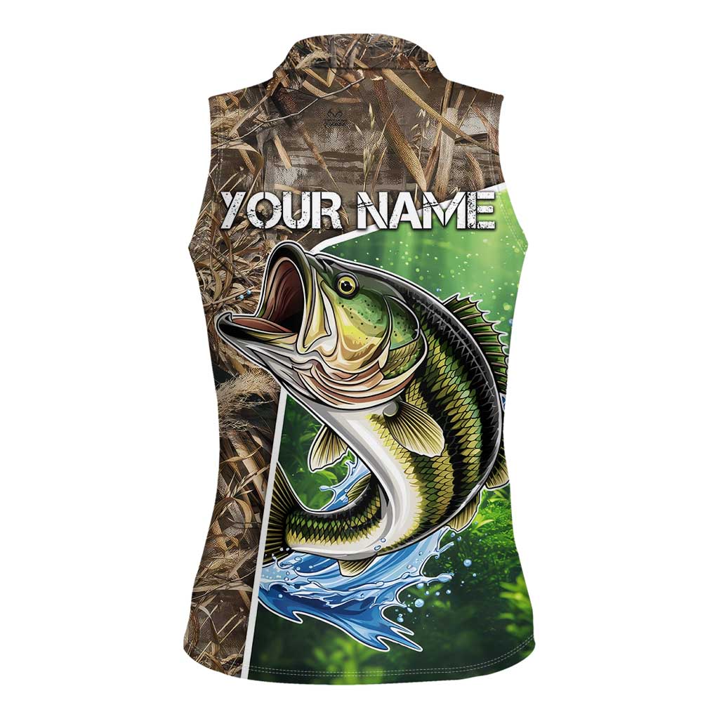 Personalized Bass Fishing Design Women Sleeveless Polo Shirt Leaping Fish Graphic and Camouflage Green Water Splash Print - Wonder Print Shop