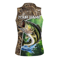 Personalized Bass Fishing Design Women Sleeveless Polo Shirt Leaping Fish Graphic and Camouflage Green Water Splash Print - Wonder Print Shop
