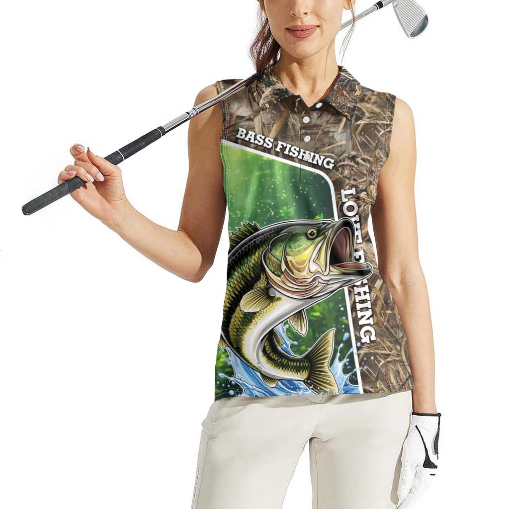 Personalized Bass Fishing Design Women Sleeveless Polo Shirt Leaping Fish Graphic and Camouflage Green Water Splash Print - Wonder Print Shop