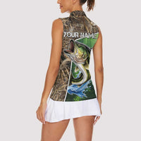 Personalized Bass Fishing Design Women Sleeveless Polo Shirt Leaping Fish Graphic and Camouflage Green Water Splash Print - Wonder Print Shop