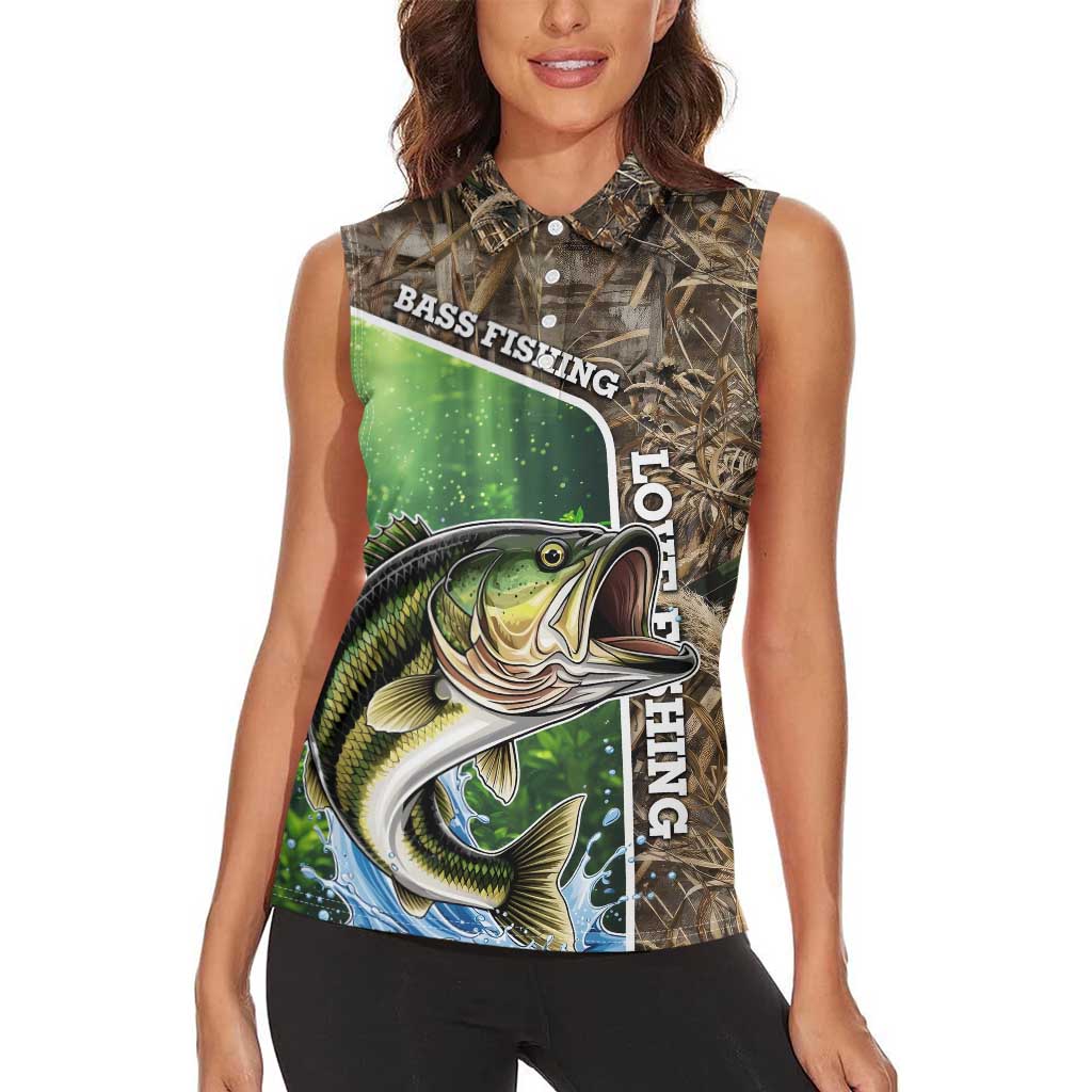 Personalized Bass Fishing Design Women Sleeveless Polo Shirt Leaping Fish Graphic and Camouflage Green Water Splash Print - Wonder Print Shop