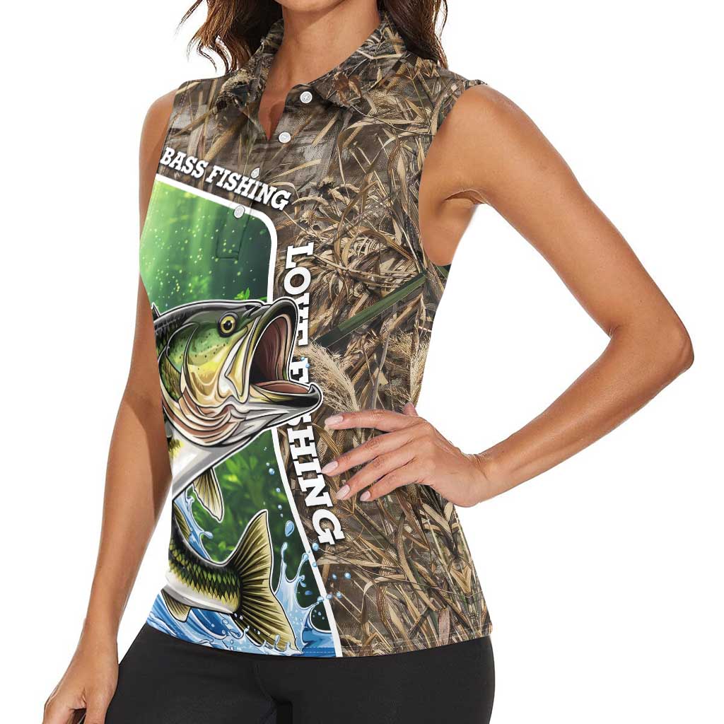 Personalized Bass Fishing Design Women Sleeveless Polo Shirt Leaping Fish Graphic and Camouflage Green Water Splash Print - Wonder Print Shop