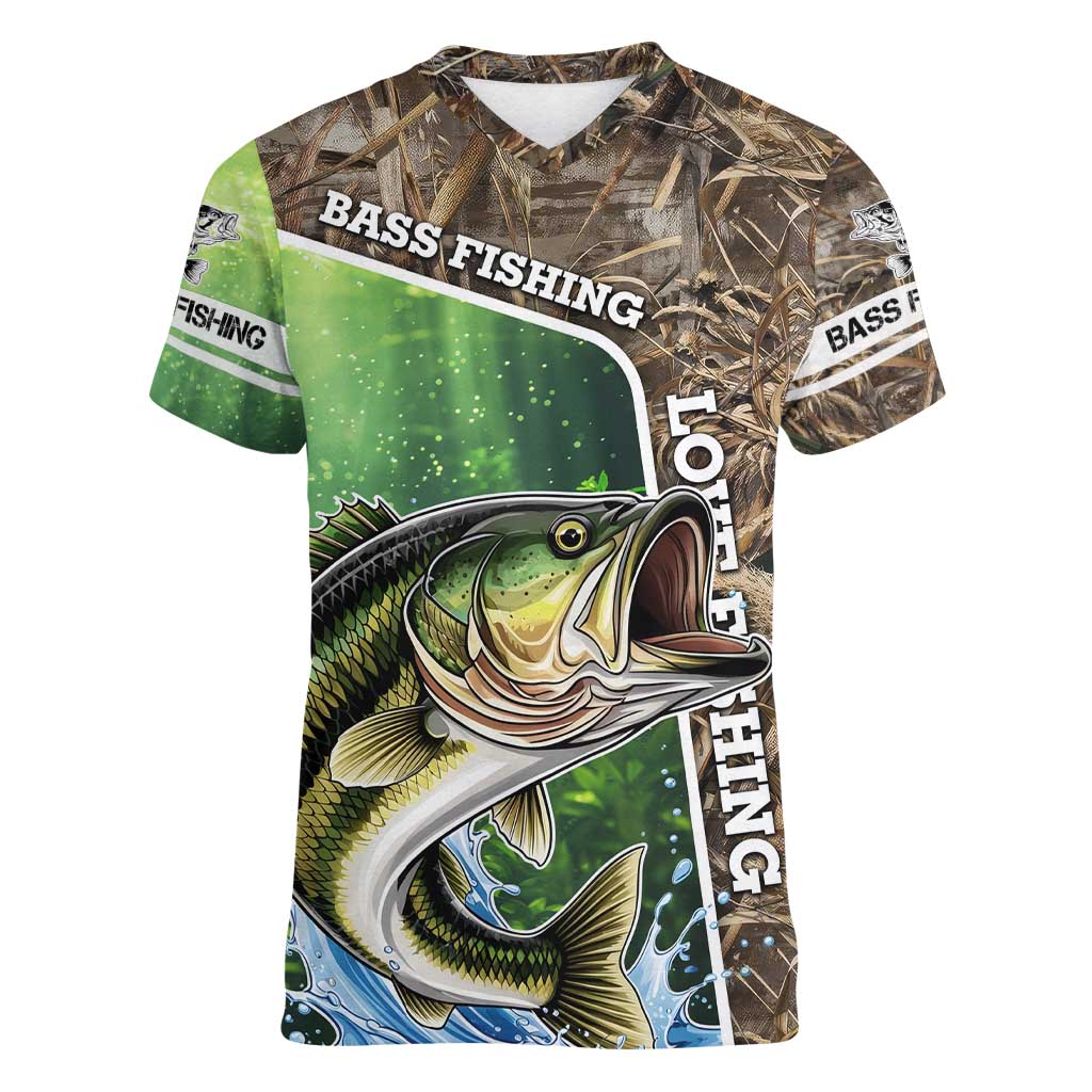 Personalized Bass Fishing Design Women V-Neck T-Shirt Leaping Fish Graphic and Camouflage Green Water Splash Print - Wonder Print Shop
