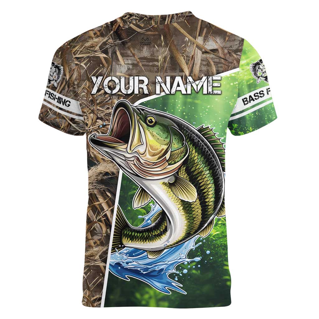 Personalized Bass Fishing Design Women V-Neck T-Shirt Leaping Fish Graphic and Camouflage Green Water Splash Print - Wonder Print Shop