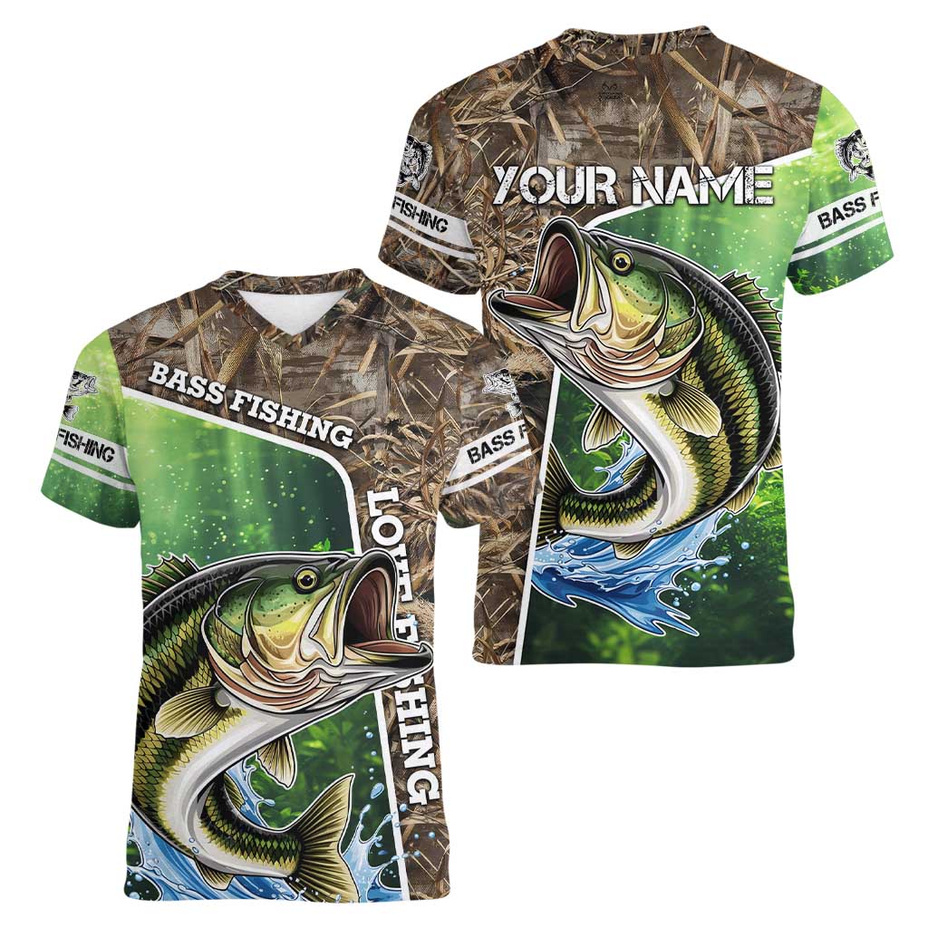 Personalized Bass Fishing Design Women V-Neck T-Shirt Leaping Fish Graphic and Camouflage Green Water Splash Print - Wonder Print Shop