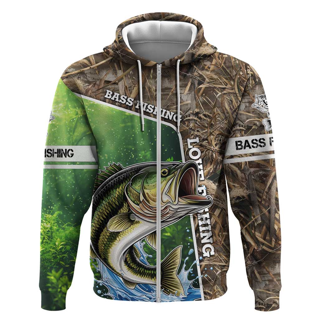 Personalized Bass Fishing Design Zip Hoodie Leaping Fish Graphic and Camouflage Green Water Splash Print - Wonder Print Shop