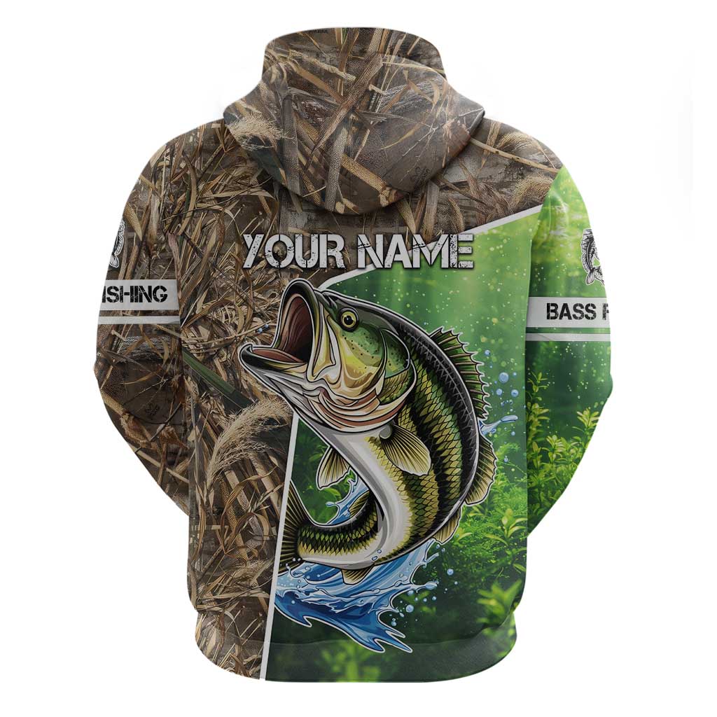 Personalized Bass Fishing Design Zip Hoodie Leaping Fish Graphic and Camouflage Green Water Splash Print - Wonder Print Shop
