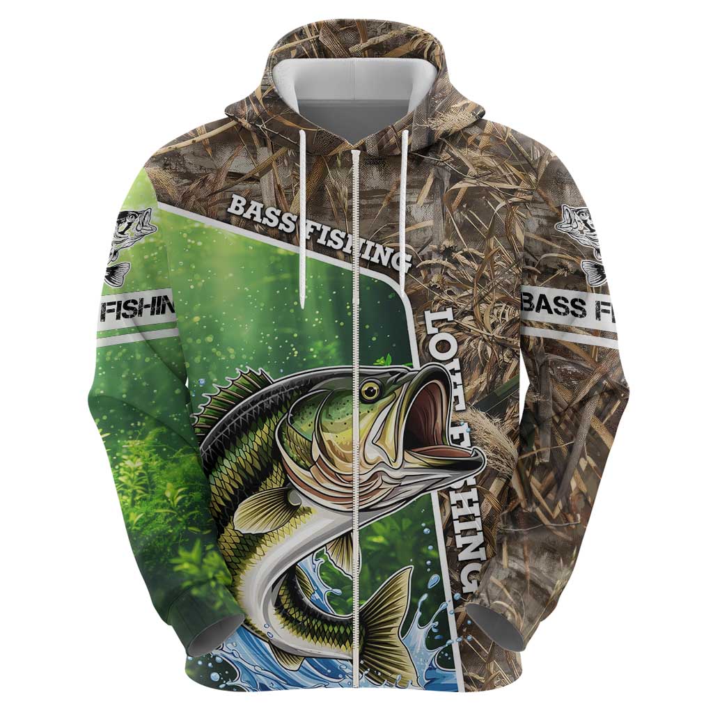 Personalized Bass Fishing Design Zip Hoodie Leaping Fish Graphic and Camouflage Green Water Splash Print - Wonder Print Shop