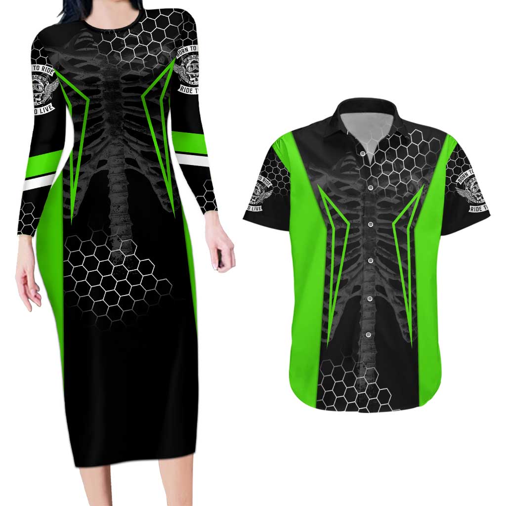 Personalized Skeleton Racing Couples Matching Long Sleeve Bodycon Dress and Hawaiian Shirt Cool Bone Motorcycle Motocross Off-Road Riders Racewear - Wonder Print Shop