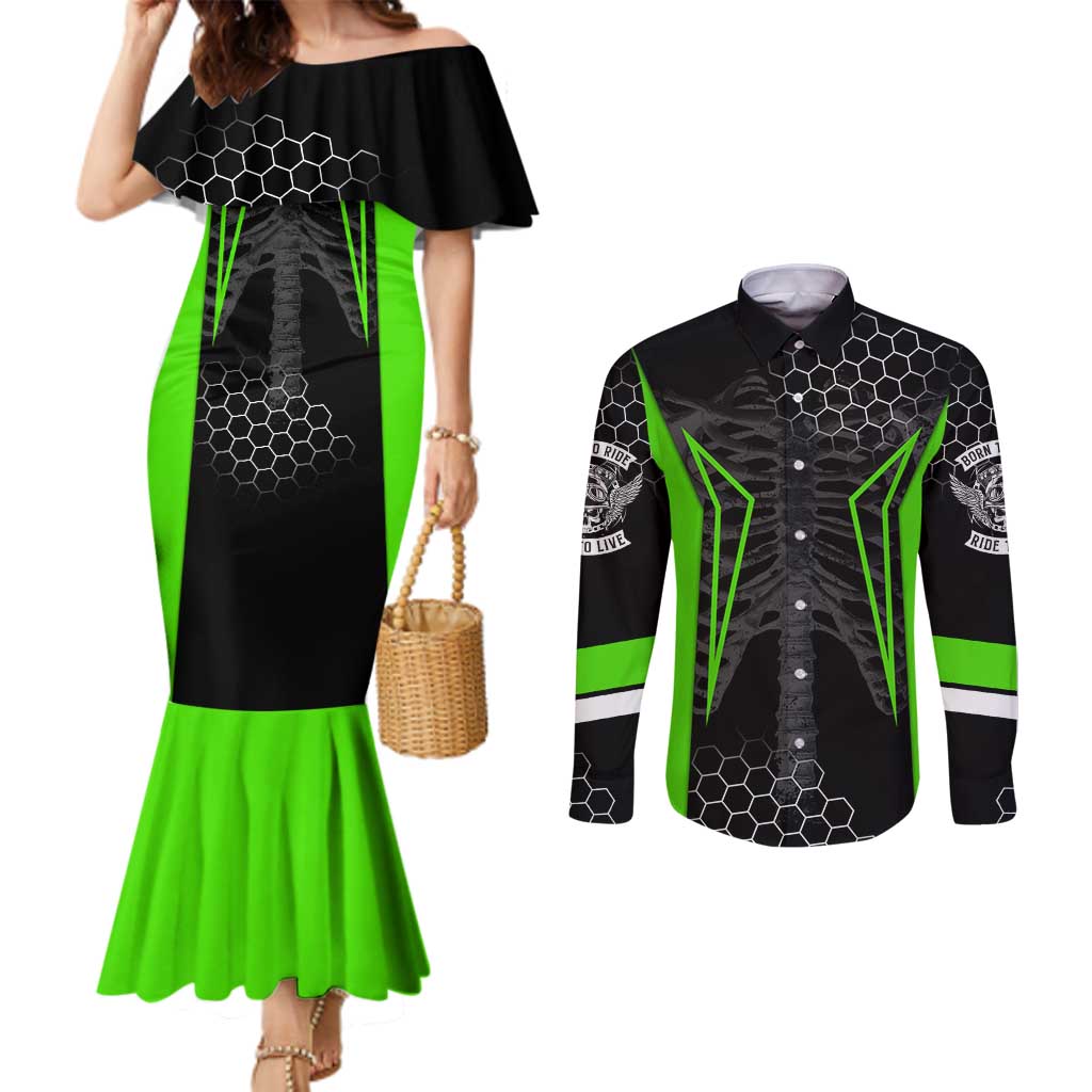 Personalized Skeleton Racing Couples Matching Mermaid Dress and Long Sleeve Button Shirt Cool Bone Motorcycle Motocross Off-Road Riders Racewear - Wonder Print Shop