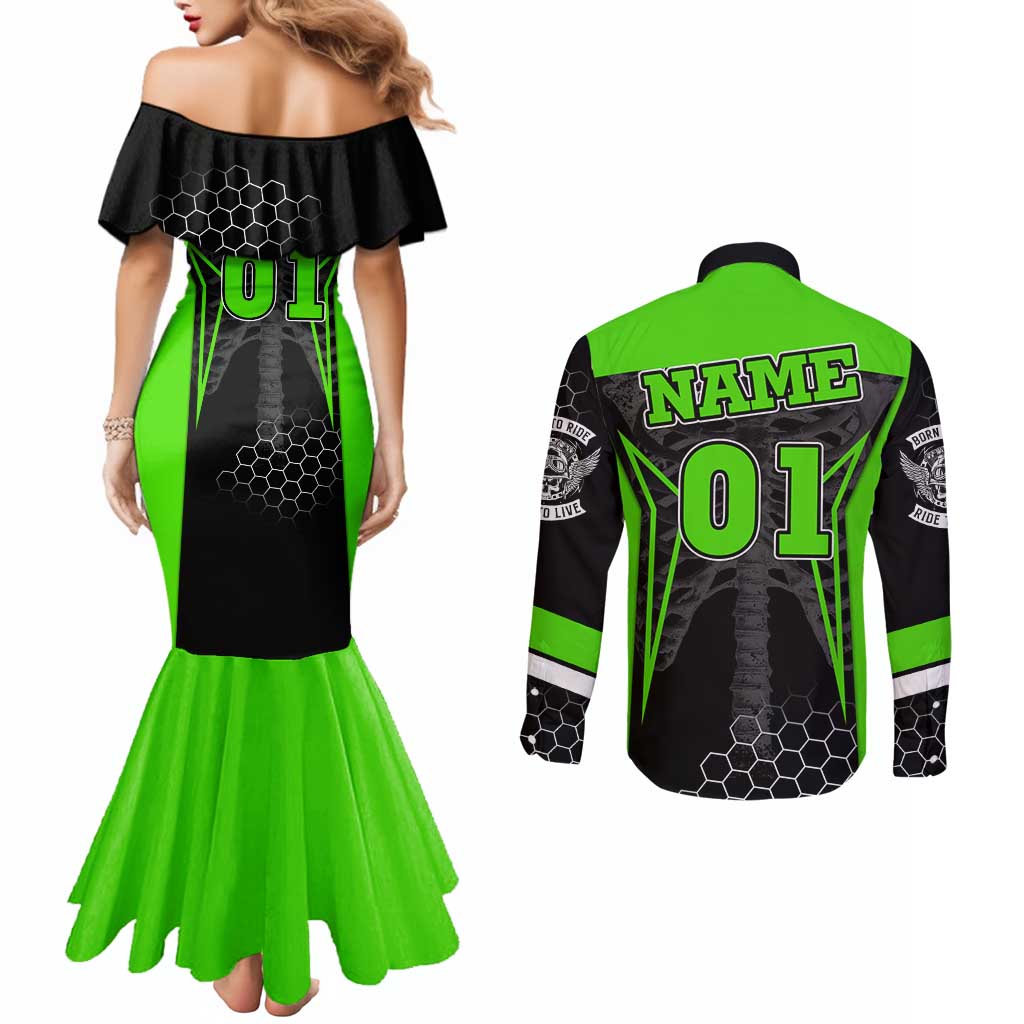 Personalized Skeleton Racing Couples Matching Mermaid Dress and Long Sleeve Button Shirt Cool Bone Motorcycle Motocross Off-Road Riders Racewear - Wonder Print Shop