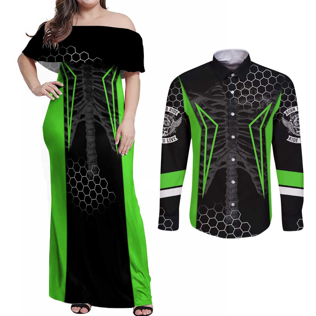 Personalized Skeleton Racing Couples Matching Off Shoulder Maxi Dress and Long Sleeve Button Shirt Cool Bone Motorcycle Motocross Off-Road Riders Racewear - Wonder Print Shop