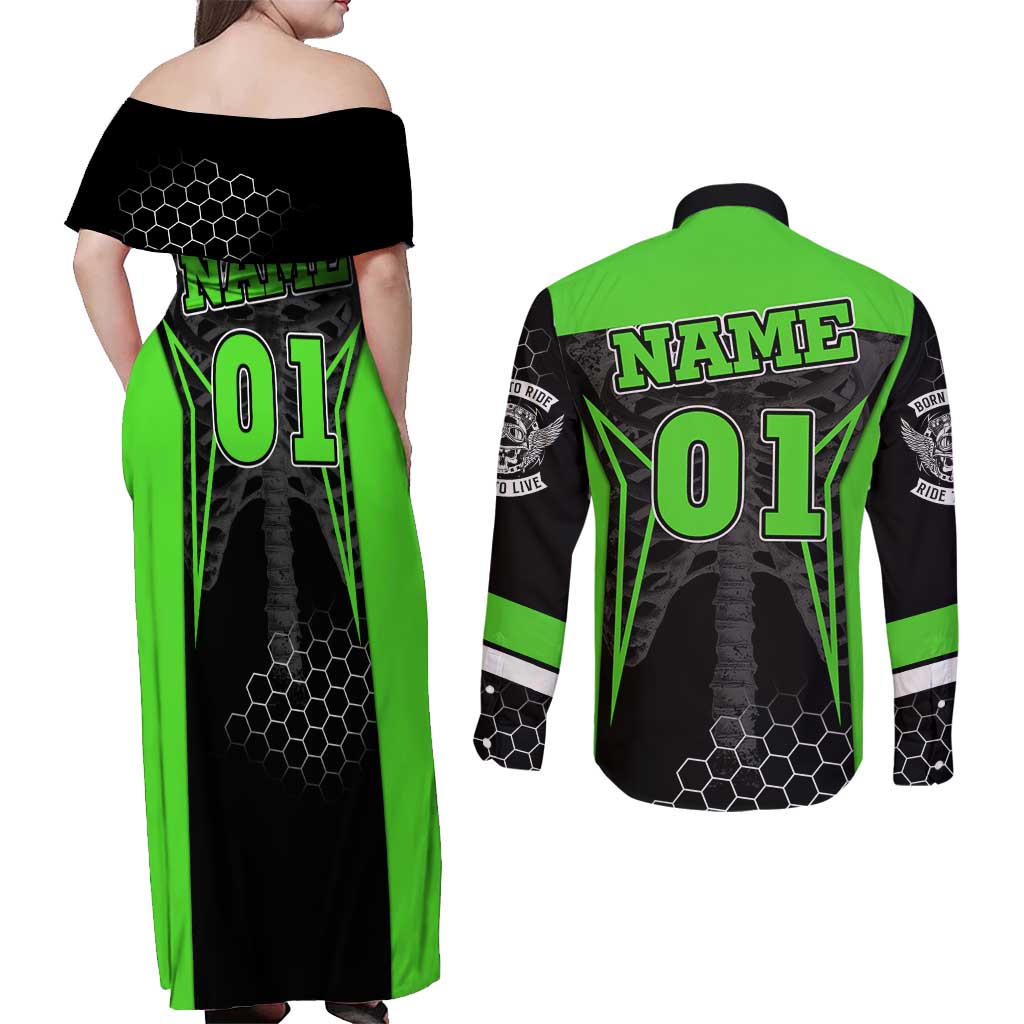 Personalized Skeleton Racing Couples Matching Off Shoulder Maxi Dress and Long Sleeve Button Shirt Cool Bone Motorcycle Motocross Off-Road Riders Racewear - Wonder Print Shop