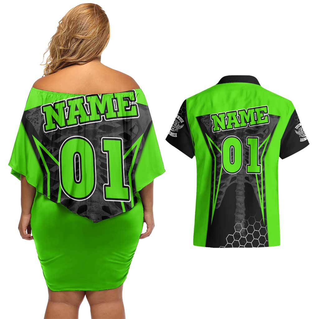 Personalized Skeleton Racing Couples Matching Off Shoulder Short Dress and Hawaiian Shirt Cool Bone Motorcycle Motocross Off-Road Riders Racewear - Wonder Print Shop