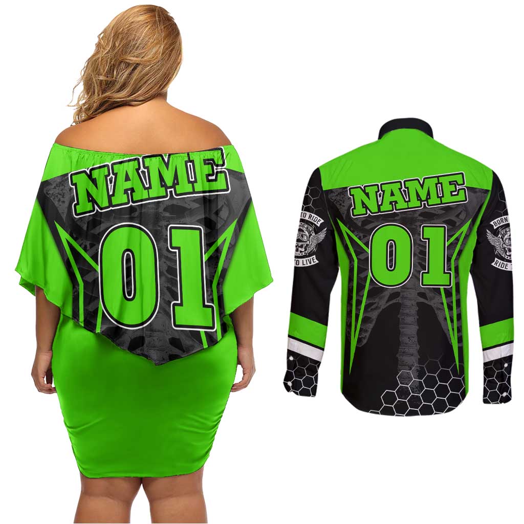Personalized Skeleton Racing Couples Matching Off Shoulder Short Dress and Long Sleeve Button Shirt Cool Bone Motorcycle Motocross Off-Road Riders Racewear - Wonder Print Shop