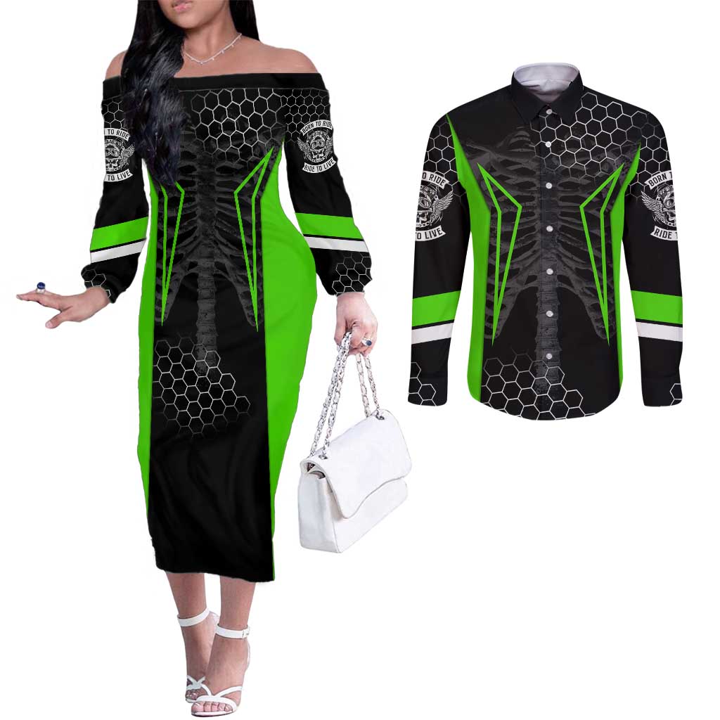 Personalized Skeleton Racing Couples Matching Off The Shoulder Long Sleeve Dress and Long Sleeve Button Shirt Cool Bone Motorcycle Motocross Off-Road Riders Racewear - Wonder Print Shop