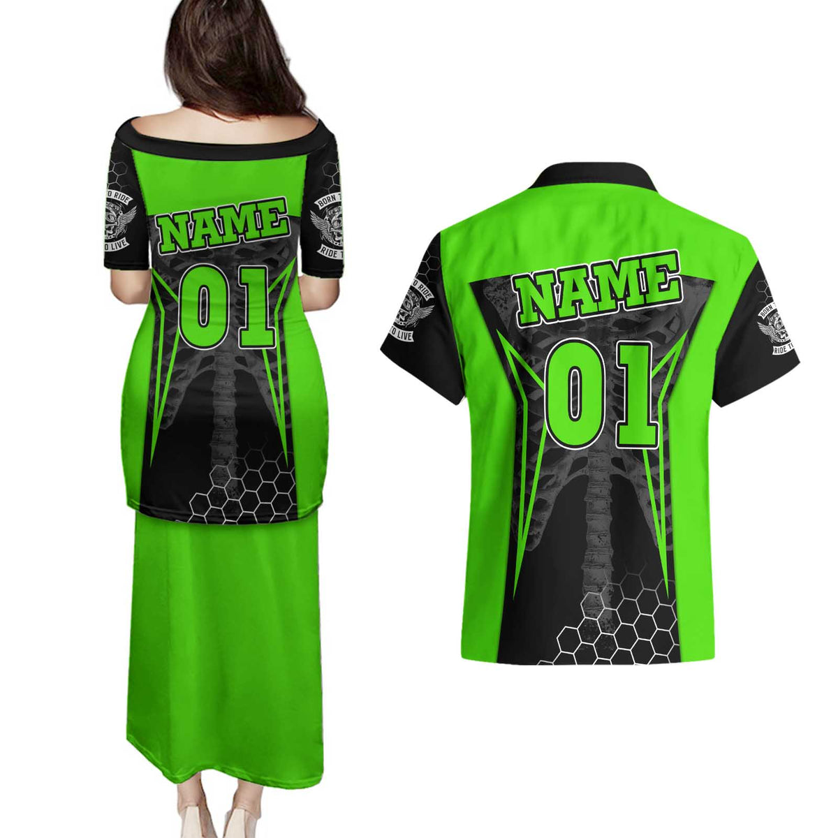 Personalized Skeleton Racing Couples Matching Puletasi and Hawaiian Shirt Cool Bone Motorcycle Motocross Off-Road Riders Racewear - Wonder Print Shop