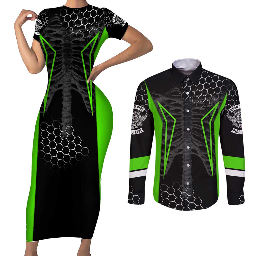 Personalized Skeleton Racing Couples Matching Short Sleeve Bodycon Dress and Long Sleeve Button Shirt Cool Bone Motorcycle Motocross Off-Road Riders Racewear - Wonder Print Shop