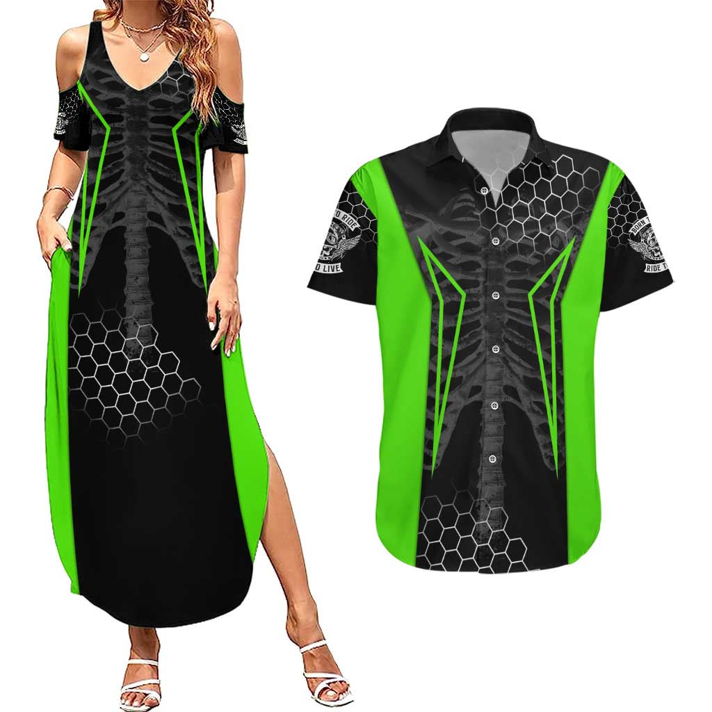Personalized Skeleton Racing Couples Matching Summer Maxi Dress and Hawaiian Shirt Cool Bone Motorcycle Motocross Off-Road Riders Racewear - Wonder Print Shop