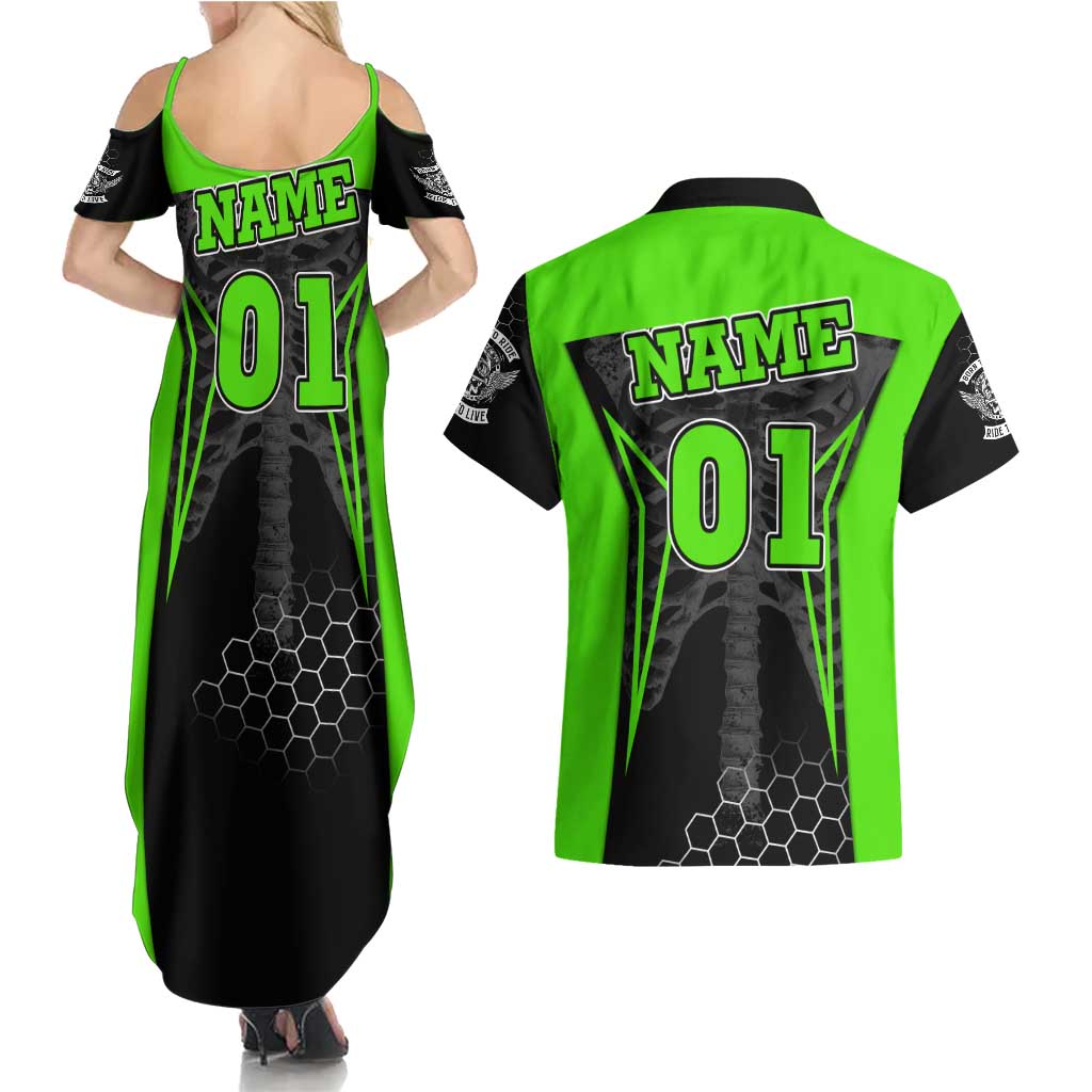 Personalized Skeleton Racing Couples Matching Summer Maxi Dress and Hawaiian Shirt Cool Bone Motorcycle Motocross Off-Road Riders Racewear - Wonder Print Shop