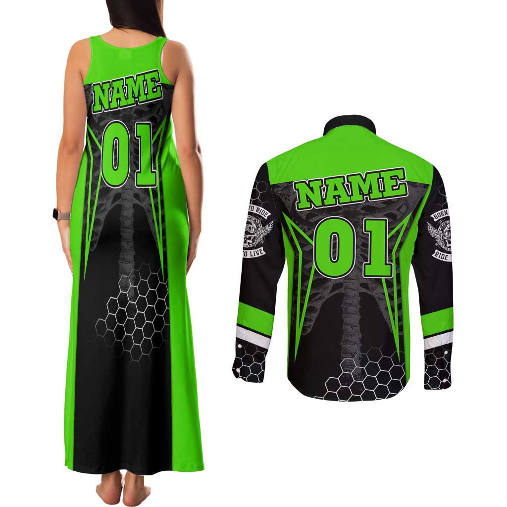 Personalized Skeleton Racing Couples Matching Tank Maxi Dress and Long Sleeve Button Shirt Cool Bone Motorcycle Motocross Off-Road Riders Racewear - Wonder Print Shop