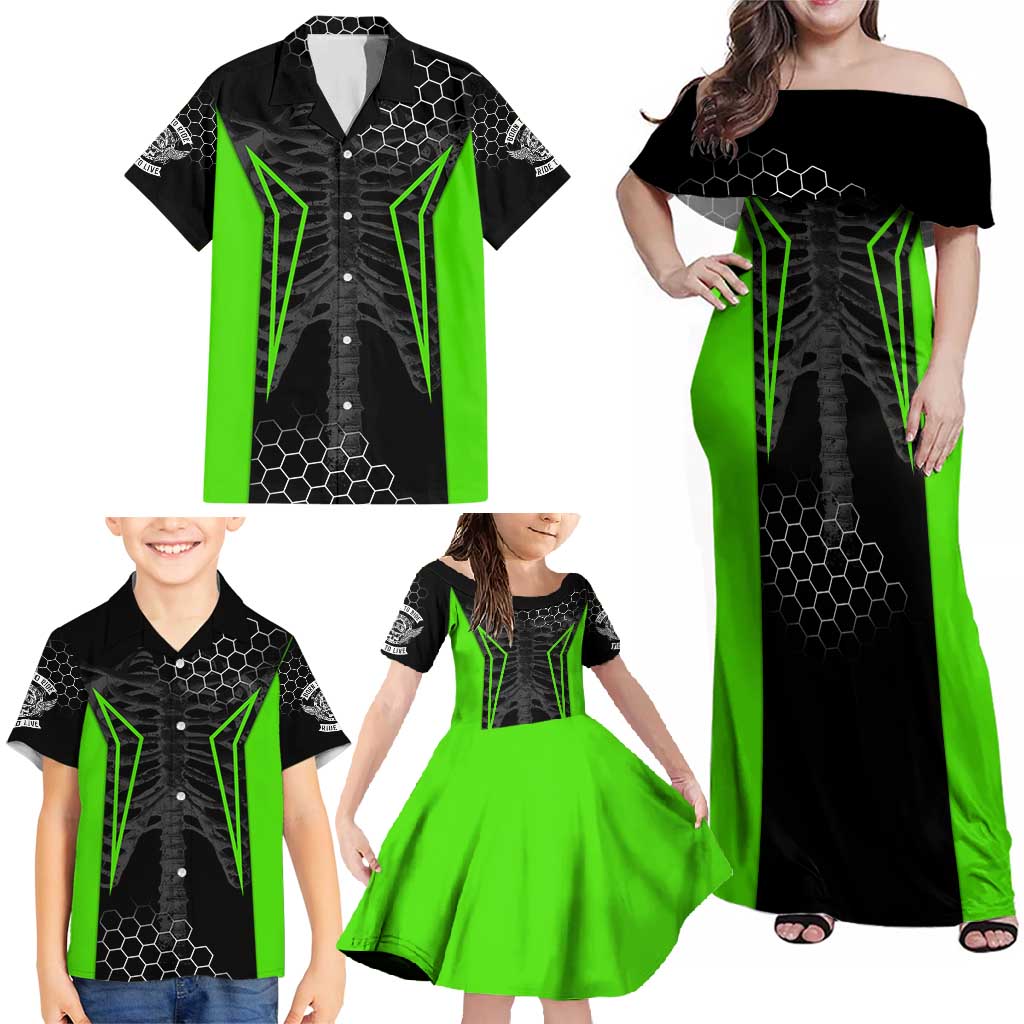Personalized Skeleton Racing Family Matching Off Shoulder Maxi Dress and Hawaiian Shirt Cool Bone Motorcycle Motocross Off-Road Riders Racewear - Wonder Print Shop