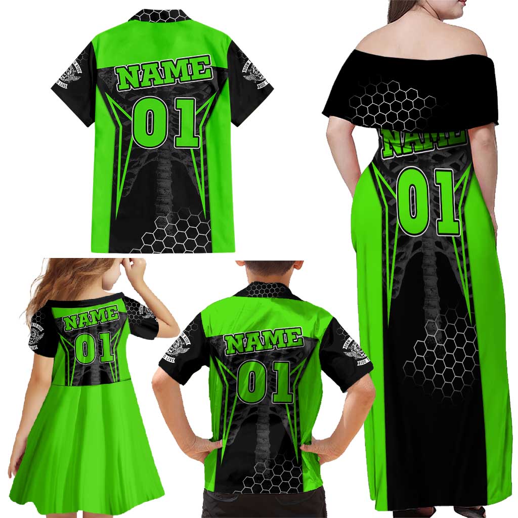 Personalized Skeleton Racing Family Matching Off Shoulder Maxi Dress and Hawaiian Shirt Cool Bone Motorcycle Motocross Off-Road Riders Racewear - Wonder Print Shop