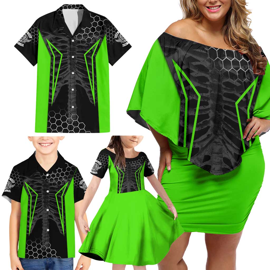 Personalized Skeleton Racing Family Matching Off Shoulder Short Dress and Hawaiian Shirt Cool Bone Motorcycle Motocross Off-Road Riders Racewear - Wonder Print Shop