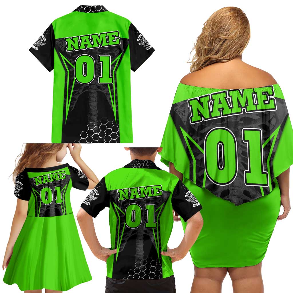 Personalized Skeleton Racing Family Matching Off Shoulder Short Dress and Hawaiian Shirt Cool Bone Motorcycle Motocross Off-Road Riders Racewear - Wonder Print Shop