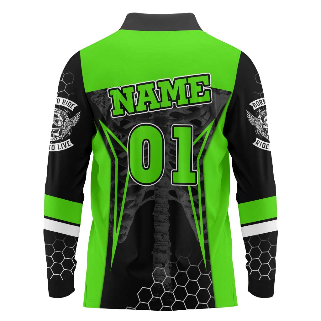 Personalized Skeleton Racing Long Sleeve Polo Shirt Cool Bone Motorcycle Motocross Off-Road Riders Racewear - Wonder Print Shop