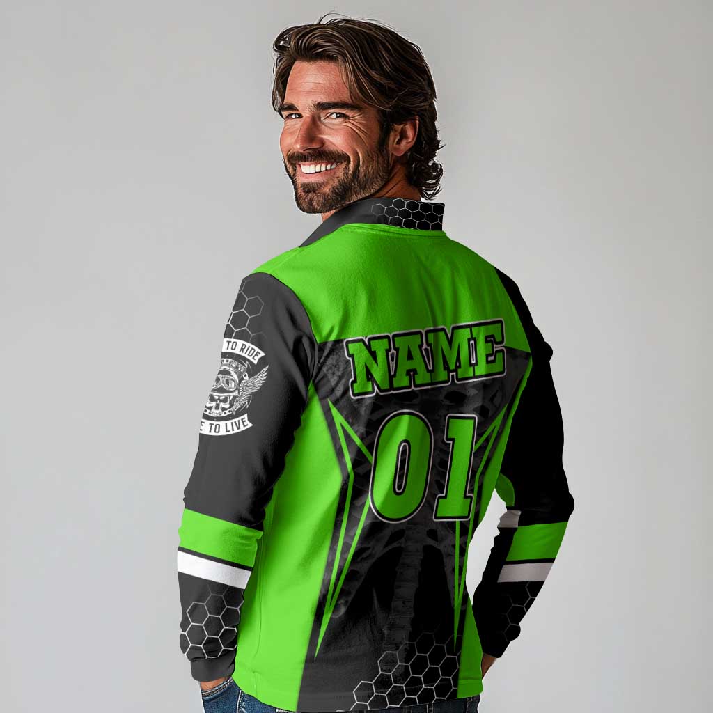 Personalized Skeleton Racing Long Sleeve Polo Shirt Cool Bone Motorcycle Motocross Off-Road Riders Racewear - Wonder Print Shop