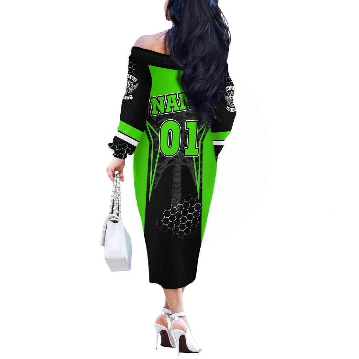 Personalized Skeleton Racing Off The Shoulder Long Sleeve Dress Cool Bone Motorcycle Motocross Off-Road Riders Racewear - Wonder Print Shop