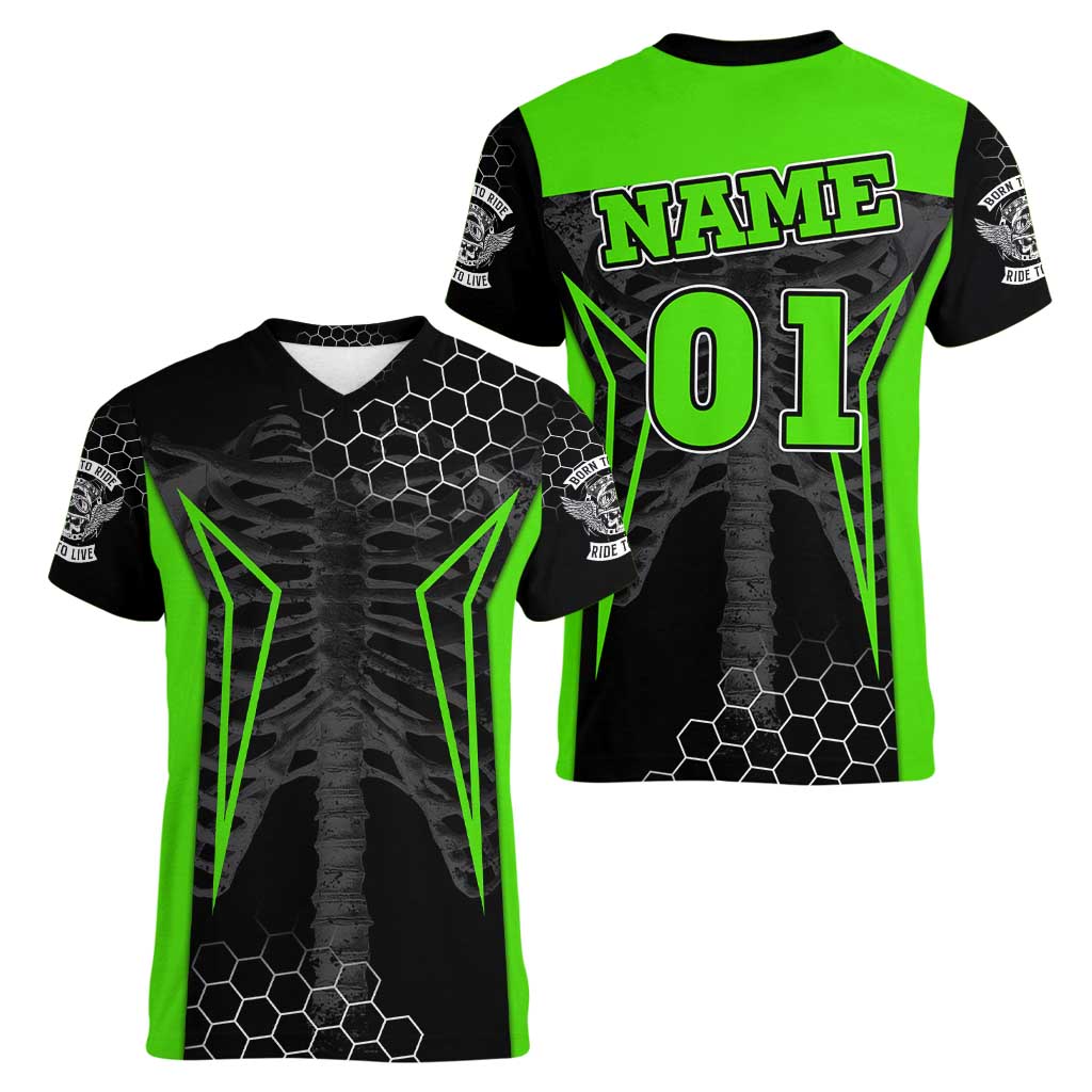 Personalized Skeleton Racing Women V-Neck T-Shirt Cool Bone Motorcycle Motocross Off-Road Riders Racewear - Wonder Print Shop