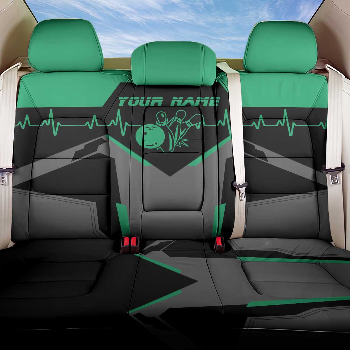 Personalized Bowling Heartbeat Team Back Car Seat Cover For Bowlers Green and Gray - Wonder Print Shop