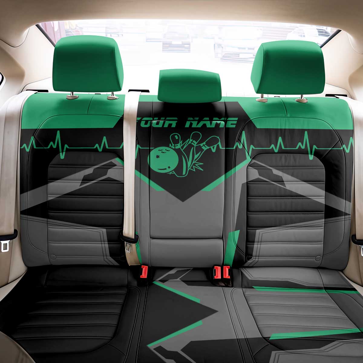 Personalized Bowling Heartbeat Team Back Car Seat Cover For Bowlers Green and Gray - Wonder Print Shop