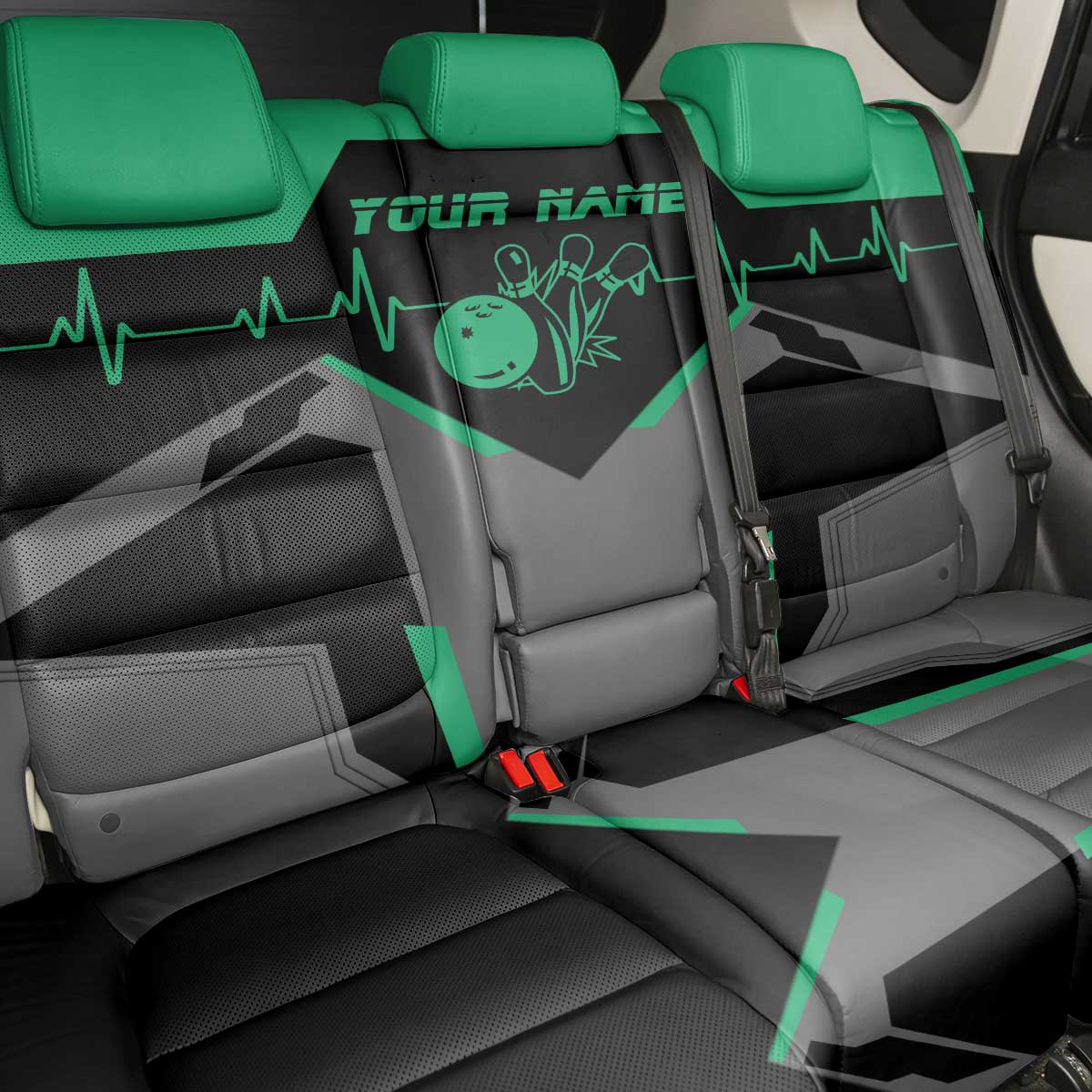 Personalized Bowling Heartbeat Team Back Car Seat Cover For Bowlers Green and Gray - Wonder Print Shop