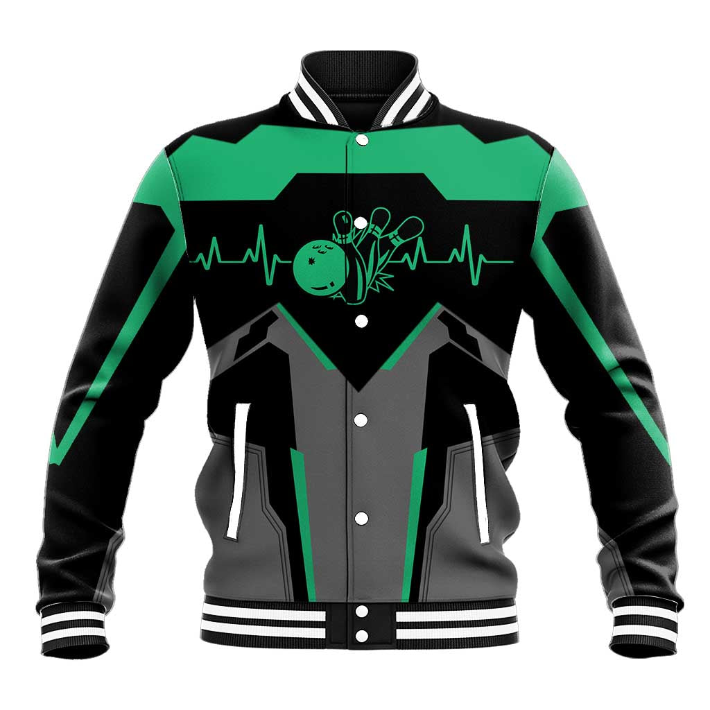 Personalized Bowling Heartbeat Team Baseball Jacket For Bowlers Green and Gray - Wonder Print Shop