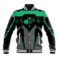 Personalized Bowling Heartbeat Team Baseball Jacket For Bowlers Green and Gray - Wonder Print Shop