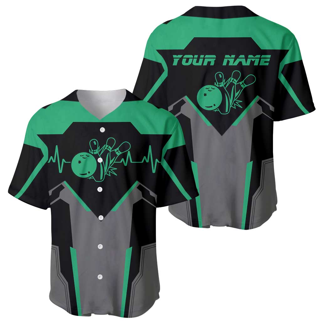 Personalized Bowling Heartbeat Team Baseball Jersey For Bowlers Green and Gray - Wonder Print Shop