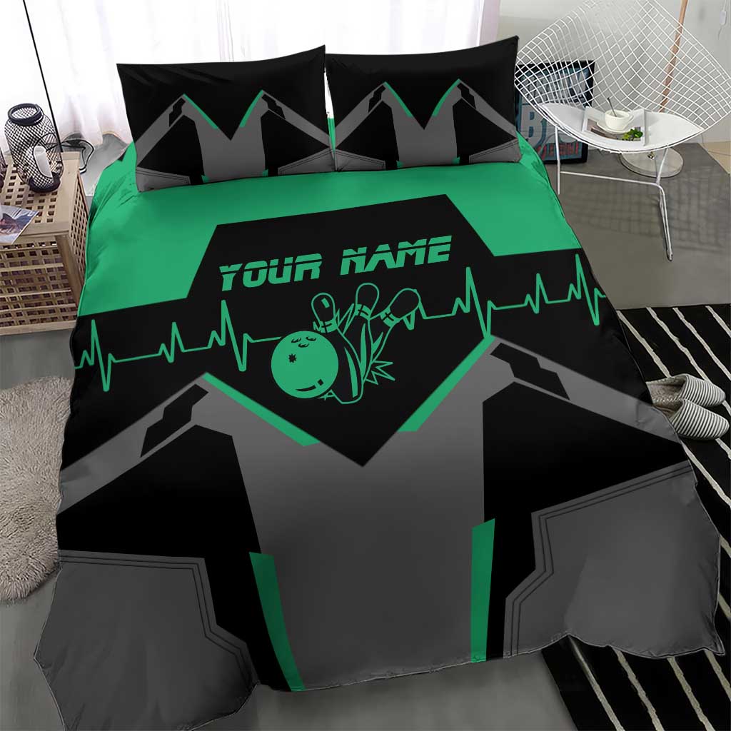 Personalized Bowling Heartbeat Team Bedding Set For Bowlers Green and Gray - Wonder Print Shop