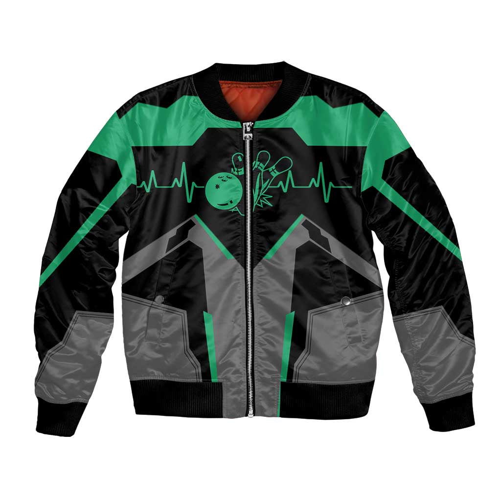 Personalized Bowling Heartbeat Team Bomber Jacket For Bowlers Green and Gray - Wonder Print Shop