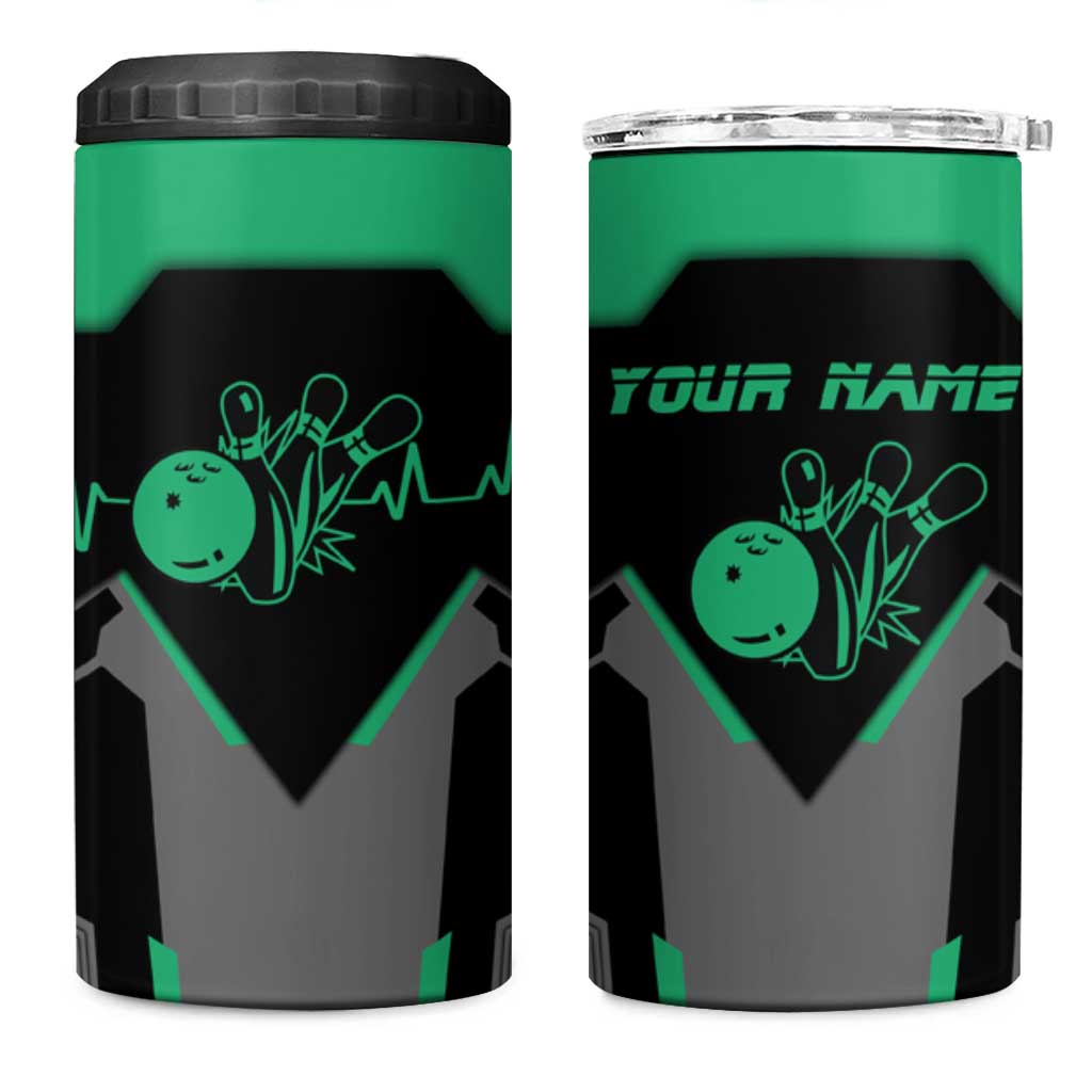 Personalized Bowling Heartbeat Team 4 in 1 Can Cooler Tumbler For Bowlers Green and Gray - Wonder Print Shop
