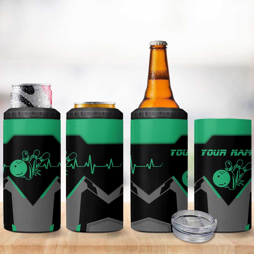 Personalized Bowling Heartbeat Team 4 in 1 Can Cooler Tumbler For Bowlers Green and Gray - Wonder Print Shop