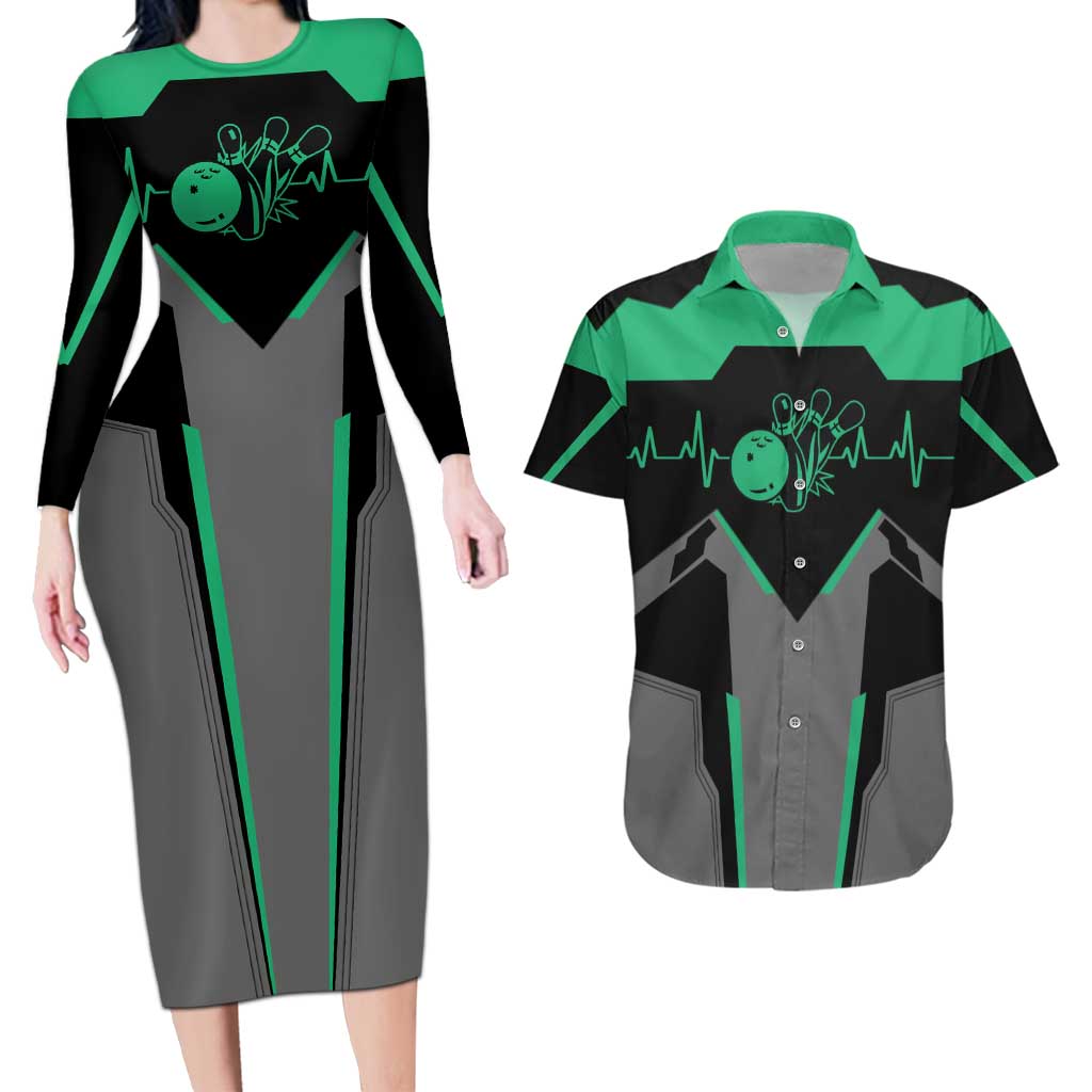 Personalized Bowling Heartbeat Team Couples Matching Long Sleeve Bodycon Dress and Hawaiian Shirt For Bowlers Green and Gray - Wonder Print Shop