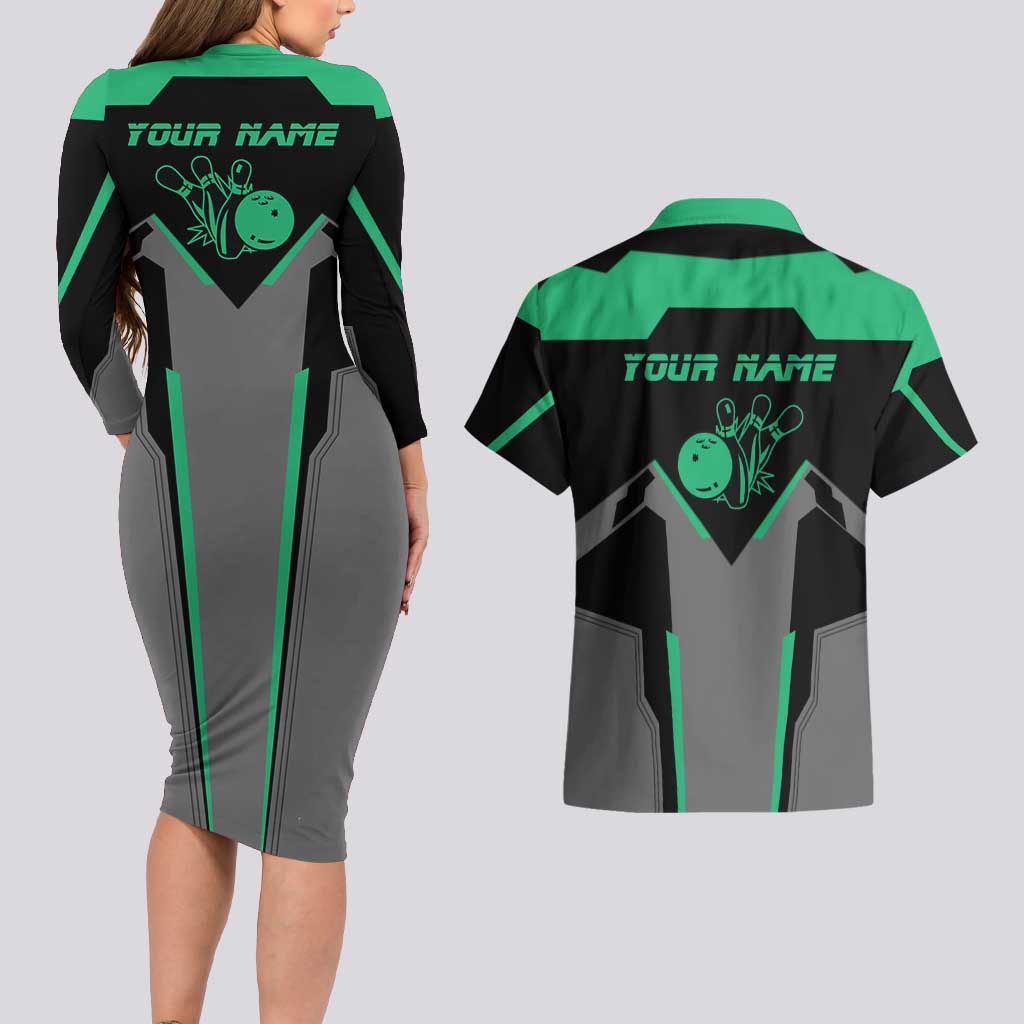 Personalized Bowling Heartbeat Team Couples Matching Long Sleeve Bodycon Dress and Hawaiian Shirt For Bowlers Green and Gray - Wonder Print Shop