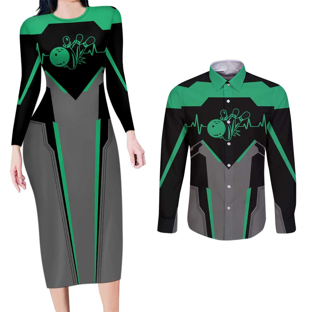 Personalized Bowling Heartbeat Team Couples Matching Long Sleeve Bodycon Dress and Long Sleeve Button Shirt For Bowlers Green and Gray - Wonder Print Shop