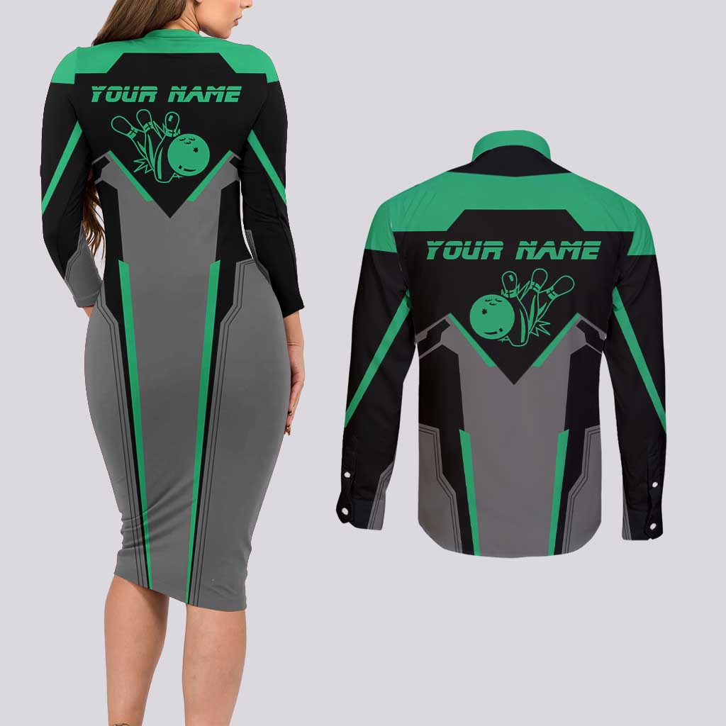 Personalized Bowling Heartbeat Team Couples Matching Long Sleeve Bodycon Dress and Long Sleeve Button Shirt For Bowlers Green and Gray - Wonder Print Shop
